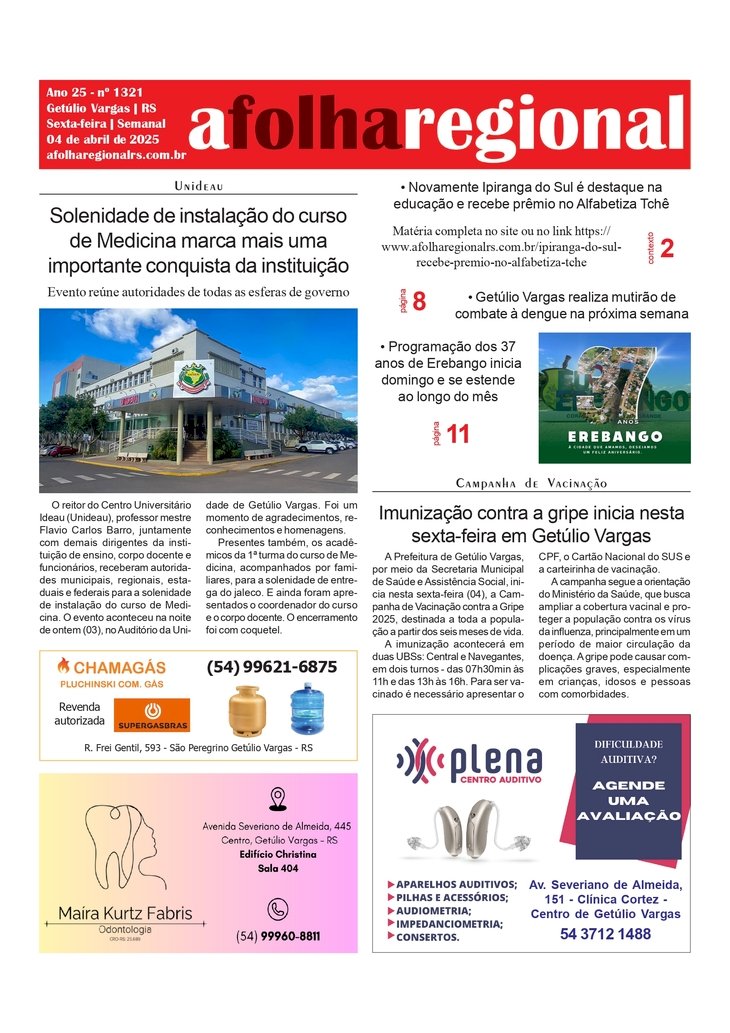 A FOLHA REGIONAL. Ano 25 nº 1.321. Getúlio Vargas RS, 04 de abril de 2025.