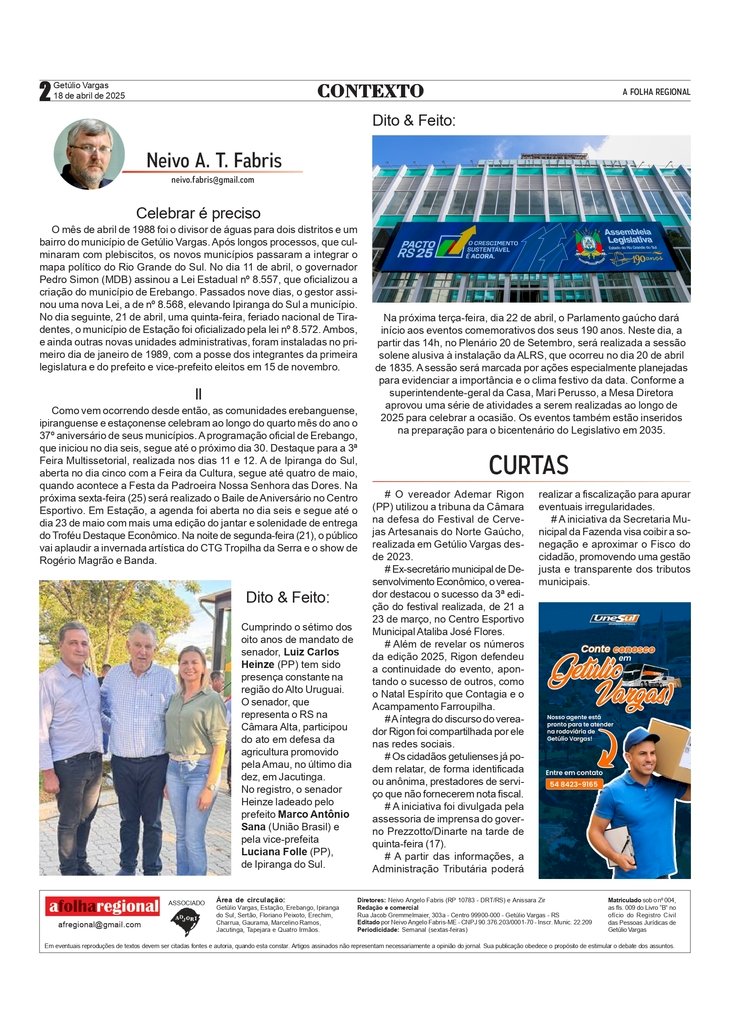 Celebrar é preciso. Contexto, por Neivo A T Fabris. Edição de 18/4/2025.