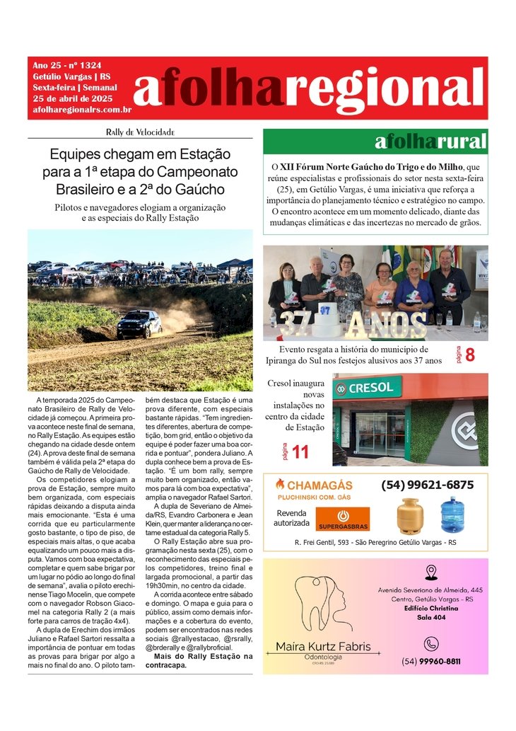A FOLHA REGIONAL Ano 25, nº 1.324. Getúlio Vargas RS, 25 de abril de 2025.