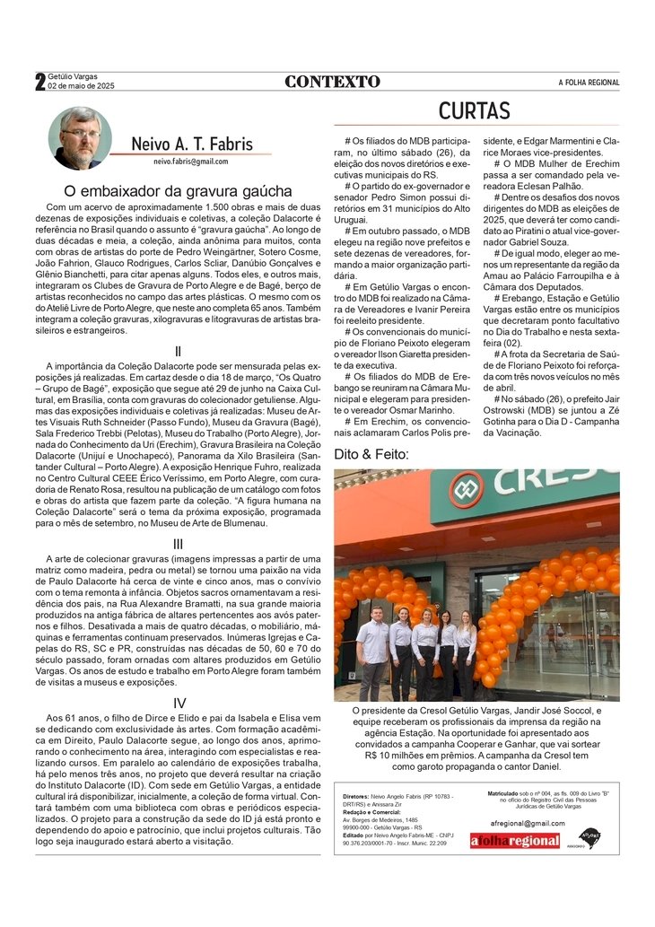 O embaixador da gravura gaúcha. Coluna Contexto, por Neivo A T Fabris. Edição de 02/5/2025.