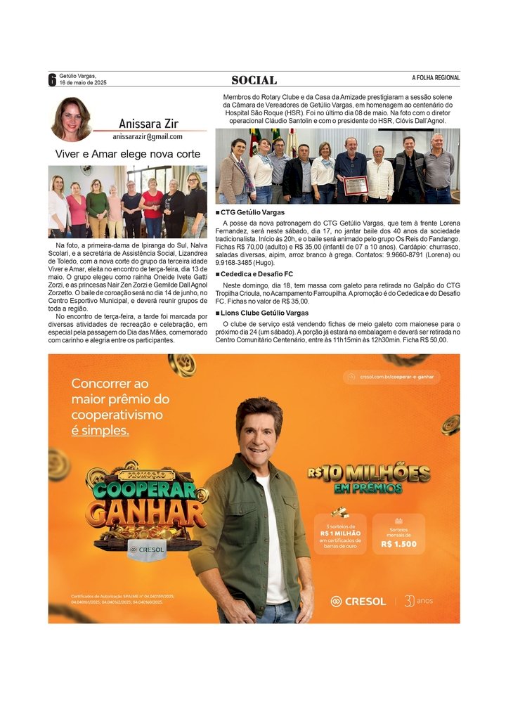 Página Social, por Anissara Zir. Edição de 16/5/2025.