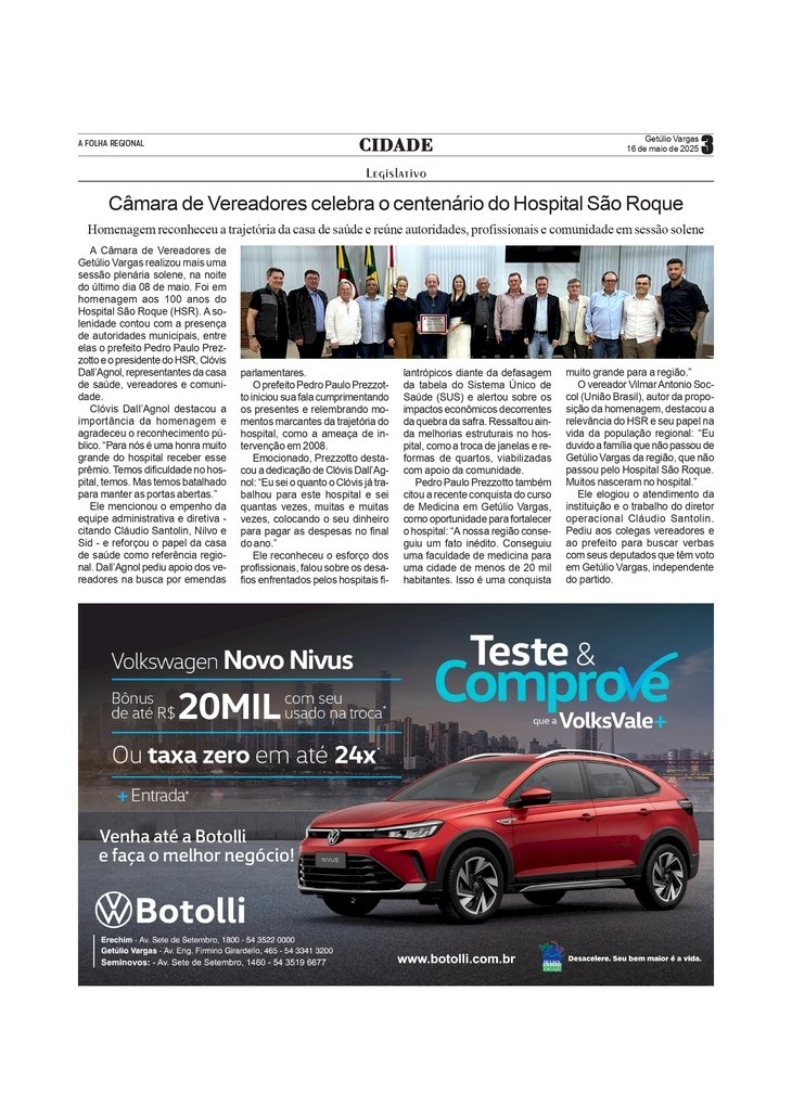 Câmara de Vereadores celebra o centenário do Hospital São Roque