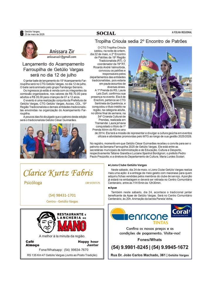 Coluna Social, por Anissara Zir. Edição de 23/5/2025.