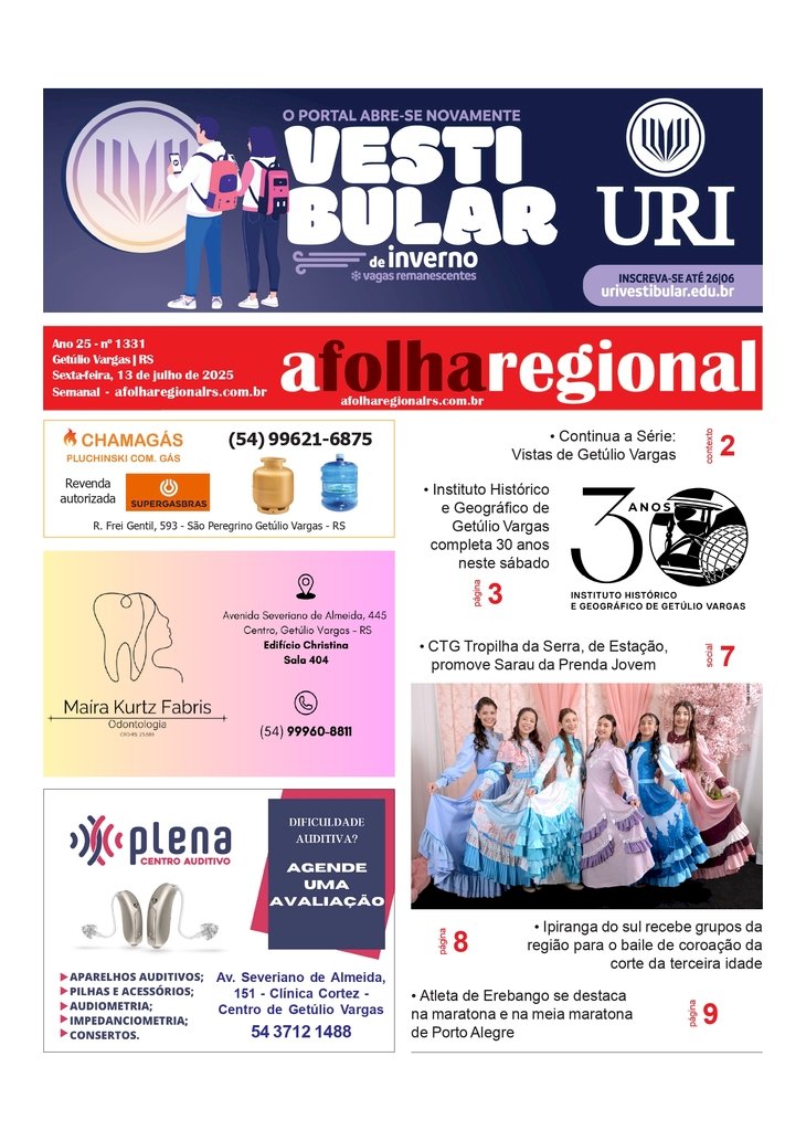 A FOLHA REGONAL ANO 25 Nº 1.330. GETÚLIO VARGAS RS, 13 DE JUNHO DE 2025.