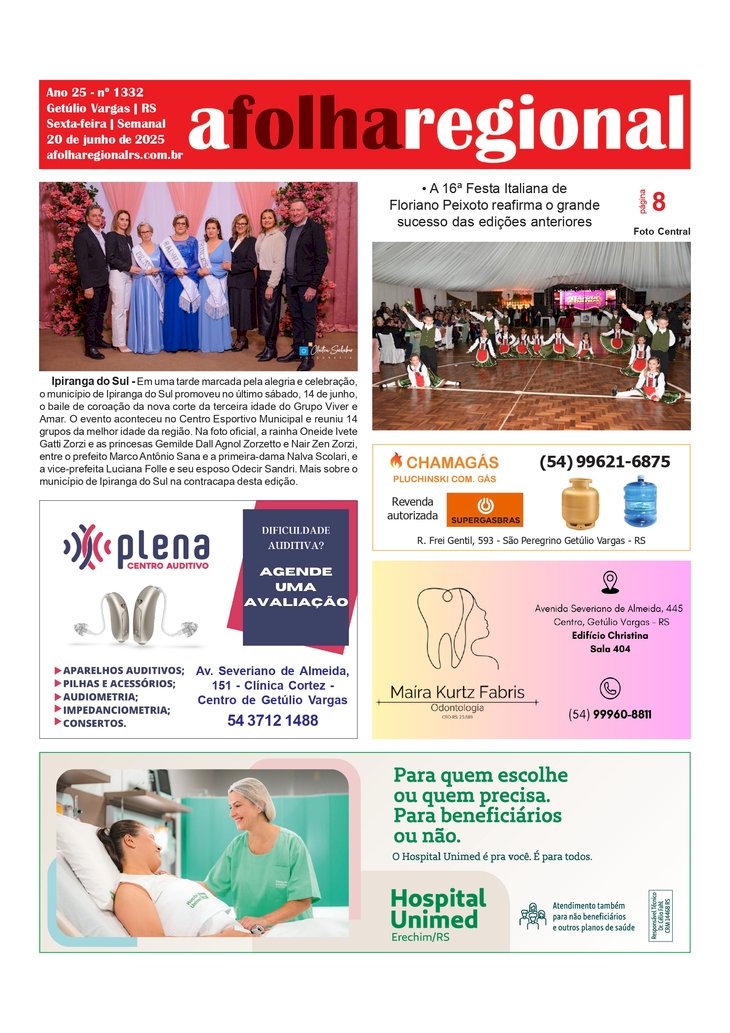 A Folha Regional. Ano 25, nº 1.332. Getúlio Vargas RS, 20 de junho de 2025.