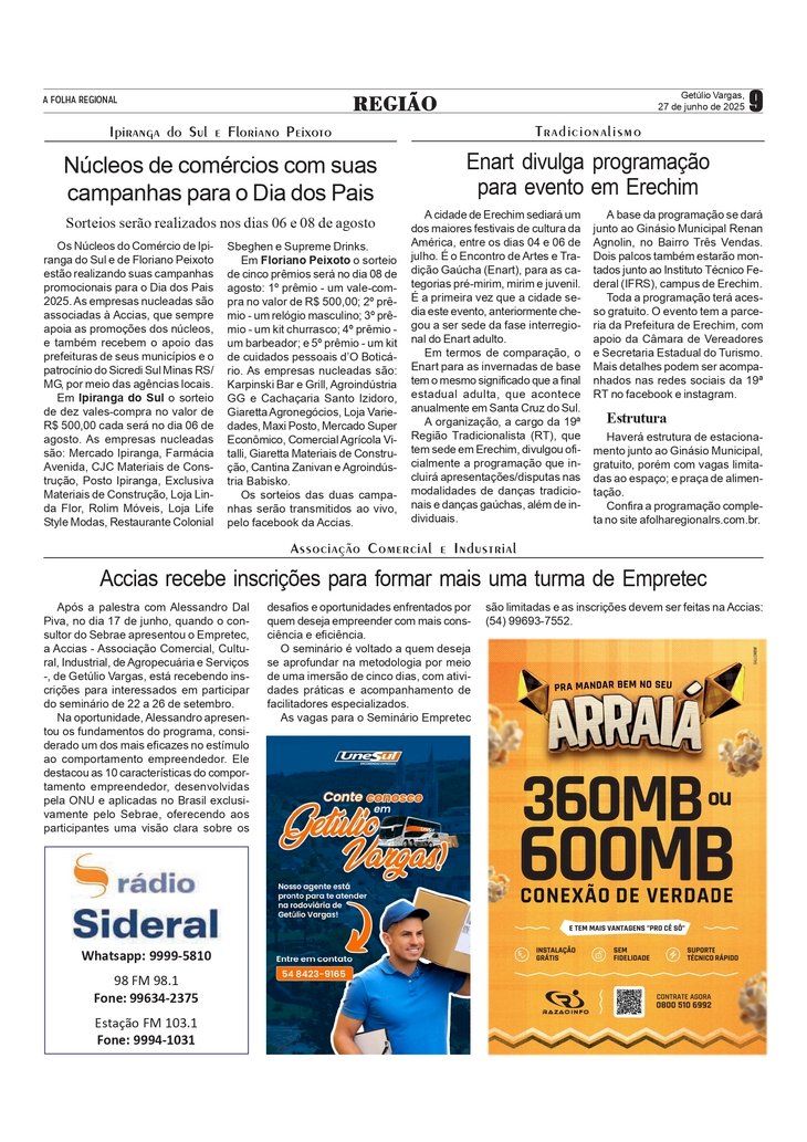 Ipiranga do Sul e Floriano Peixoto / ACCIAS / Enart divulga programação para evento em Erechim