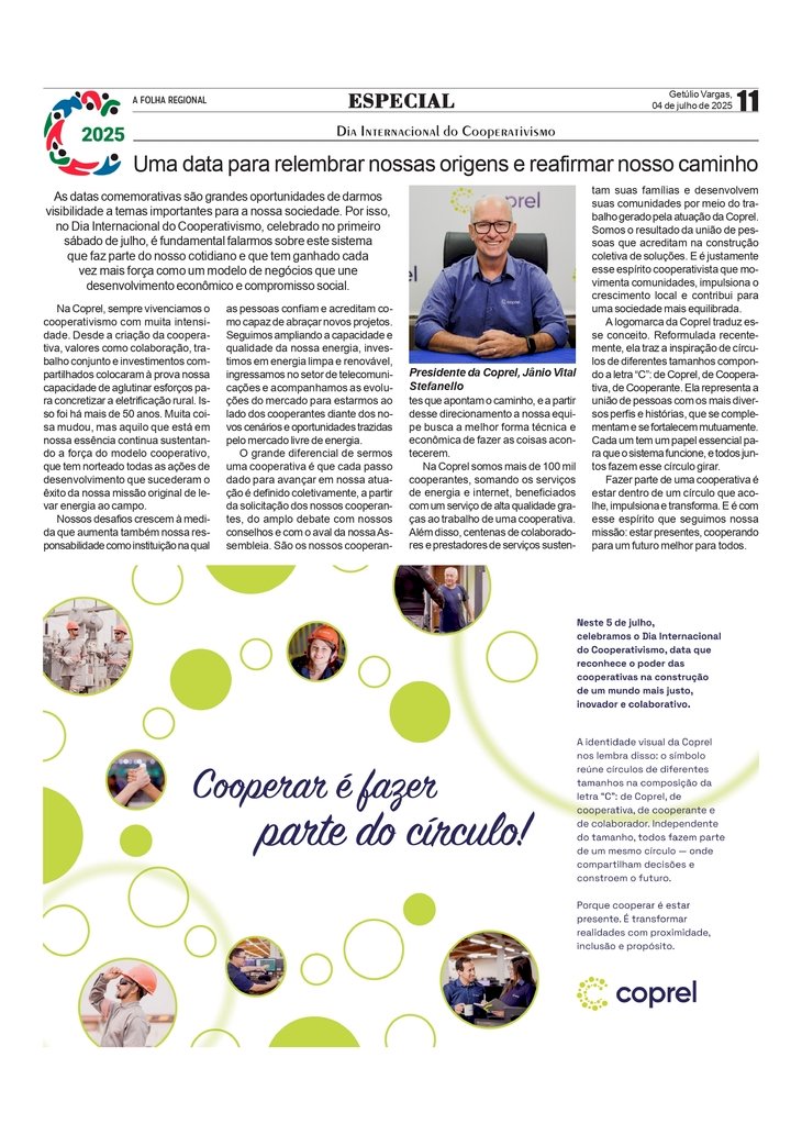 Especial - Dia Internacional do Cooperativismo. Artigo de opinião do presidente da Coprel