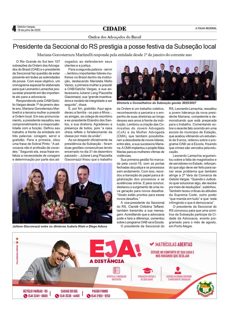 OAB - Presidente da Seccional do RS prestigia a posse festiva da Subseção de Getúlio Vargas