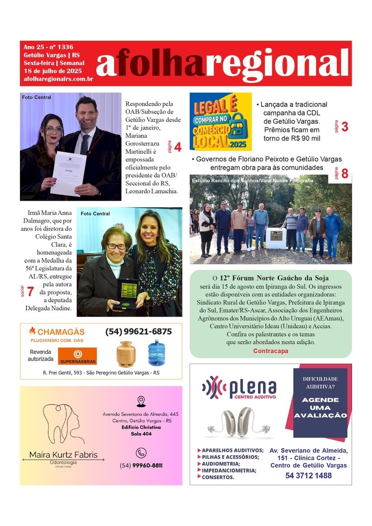 A FOLHA REGIONAL. Ano 25, nº 1.336. Getúlio Vargas RS, 18 de julho de 2025.