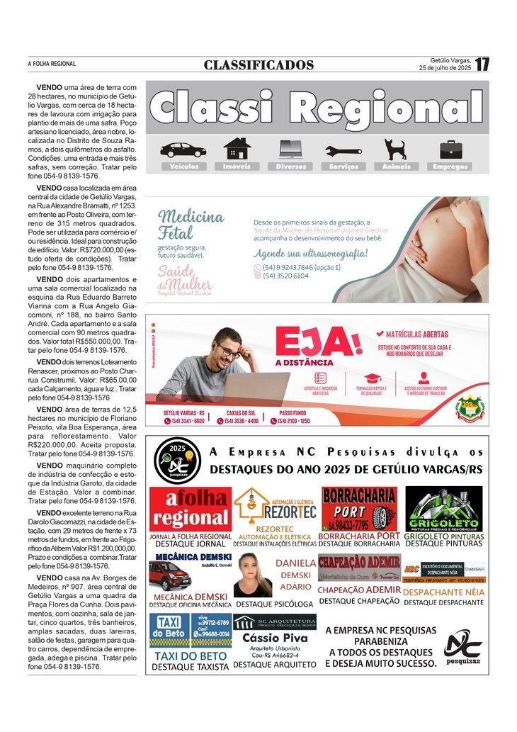 Classificados Regionais /  NC PESQUISA - Destaques do ano de 2025 de Getúlio Vargas / RS.