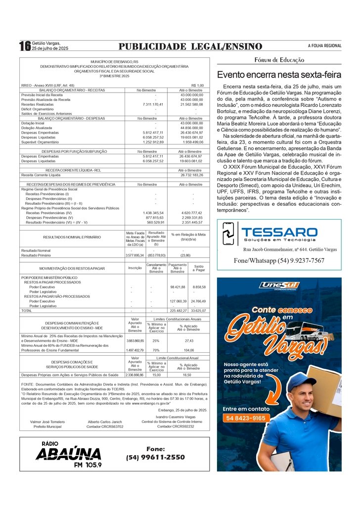 Fórum de Educação de Getúlio Vargas encerra nesta sexta-feira / Publicidade Legal