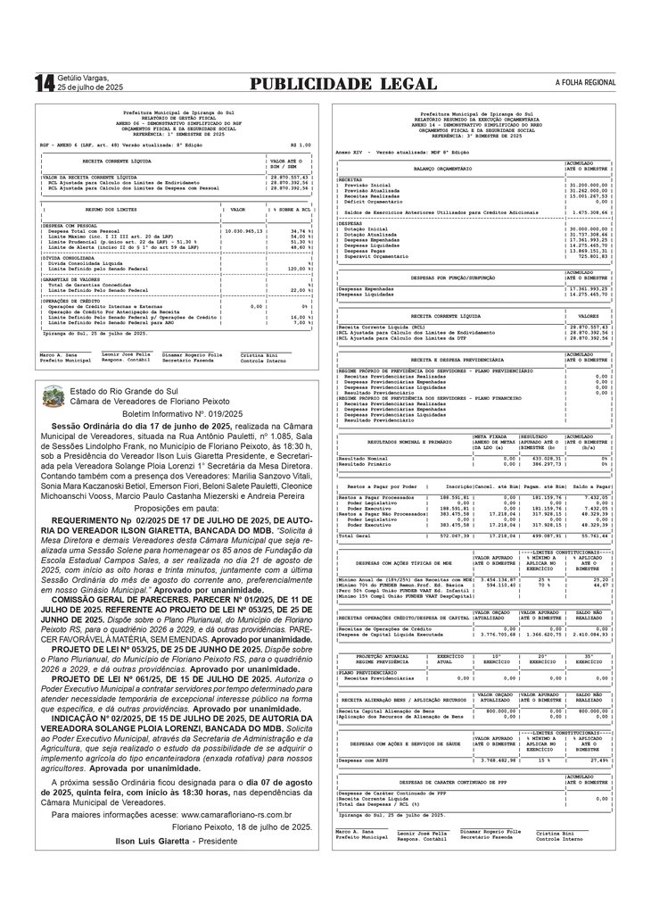 Relatórios e Câmara de Floriano Peixoto / Publicidade Legal