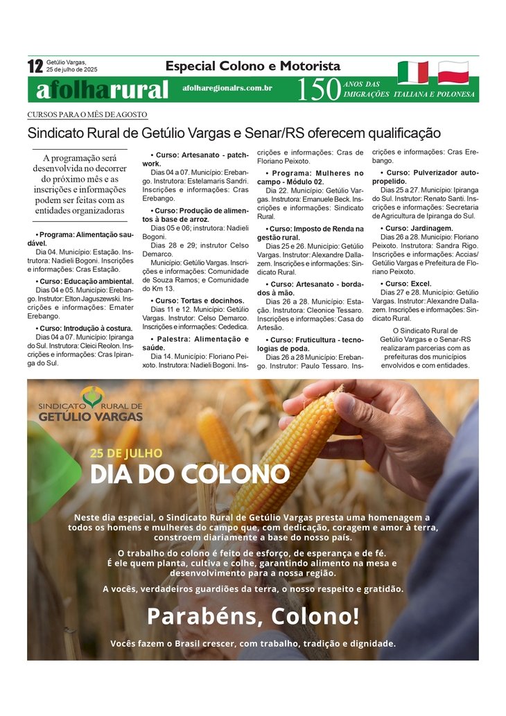 Cursos Para o Mês de Agosto / Especial Dia do Colono e Motorista