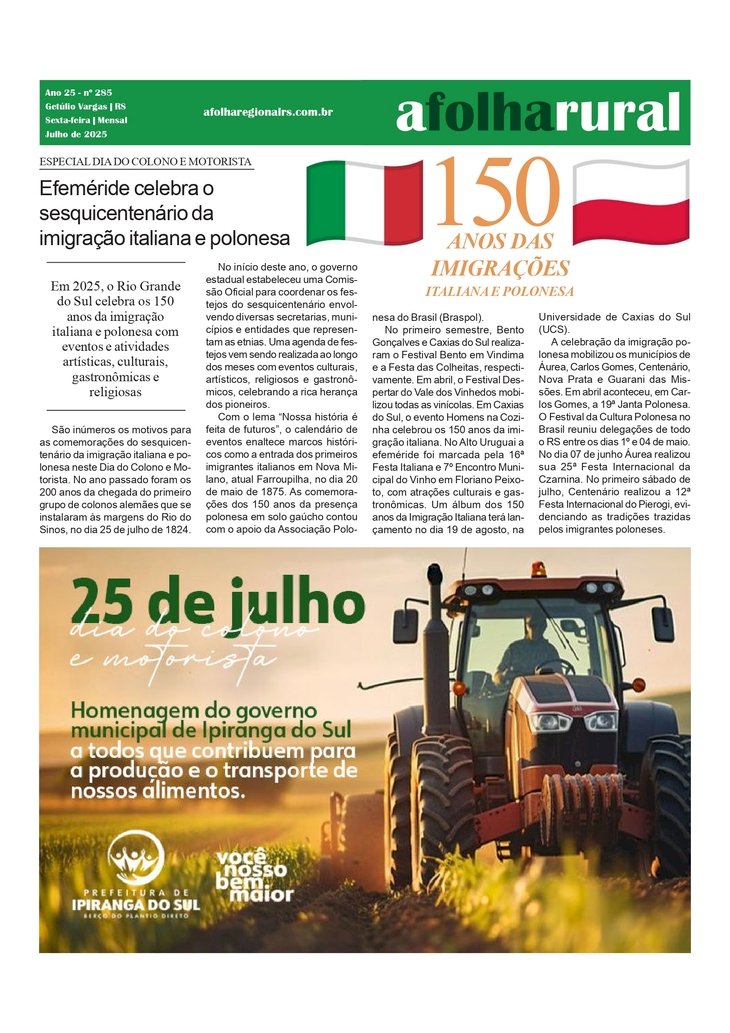 Dia do Colono e Motorista celebra o sesquicentenário da imigração italiana e polonesa