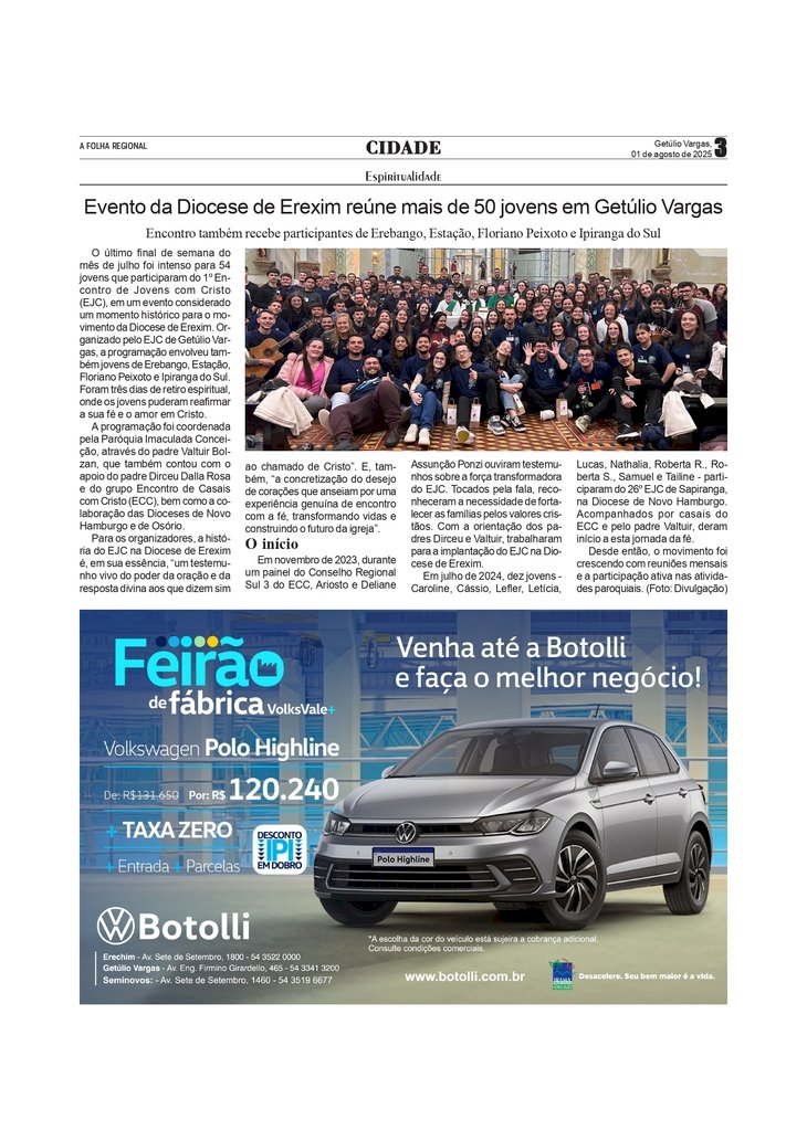 Evento da Diocese de Erexim reúne mais de 50 jovens em Getúlio Vargas