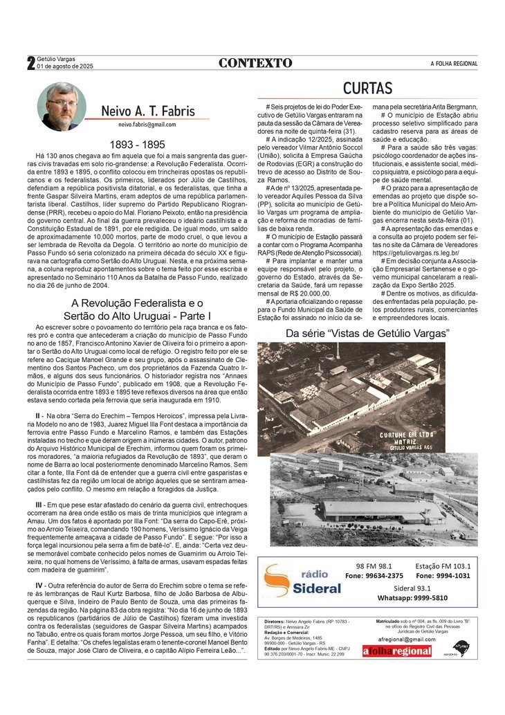 1893 – 1895, por Neivo A T Fabris. Edição de 01/8/2025