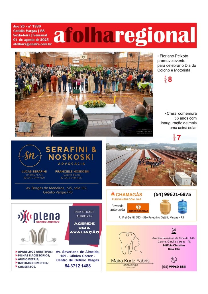 A FOLHA REGIONAL. Ano 25, nº 1.338. Getúlio Vargas RS, 01 de julho de 2025.