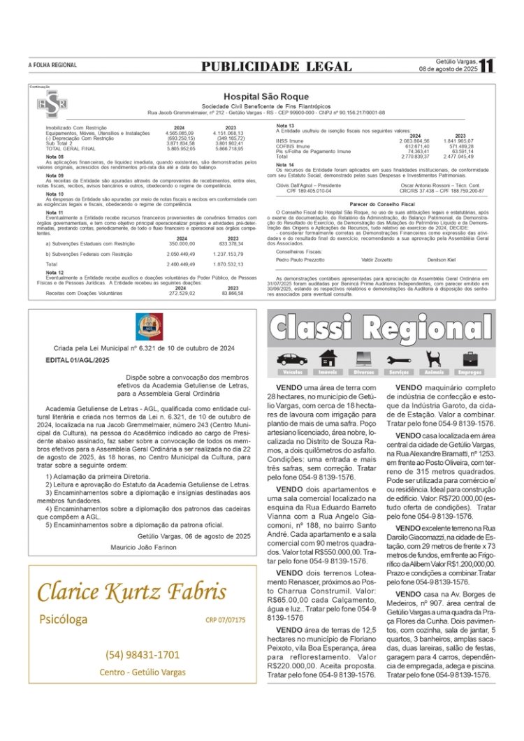 Balanço do Hospital São Roque / Publicidade Legal