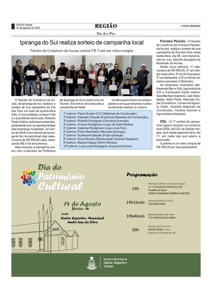 Dia dos Pais – Núcleo do Comércio da ACCIAS – Ipiranga do Sul e Floriano Peixoto / Sorteio do CDL