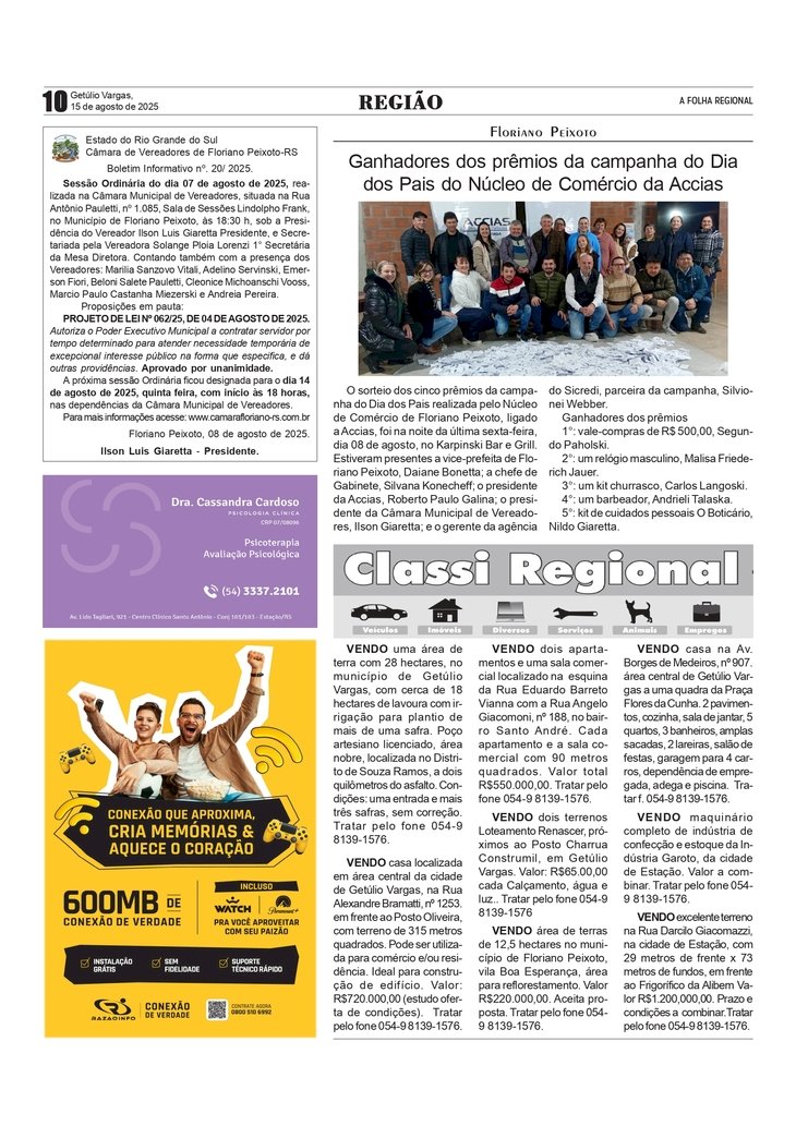 Floriano Peixoto - Ganhadores dos prêmios da campanha do Dia dos Pais do Núcleo de Comércio da Accias / Boletim da Câmara de Vereadores