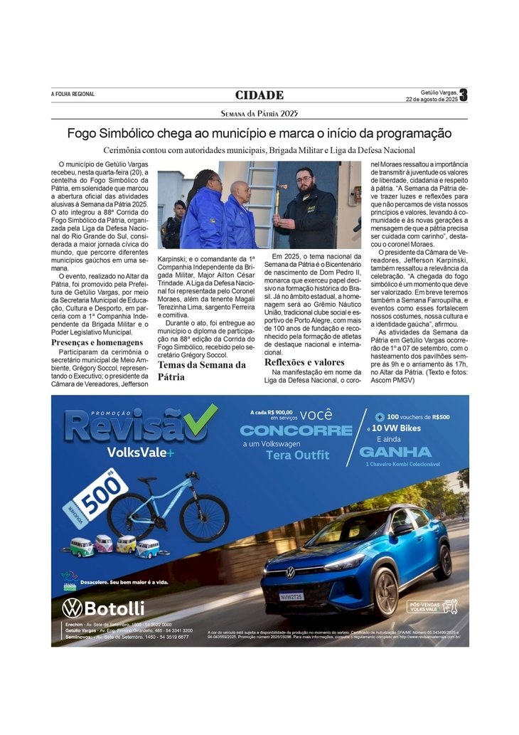Fogo Simbólico chega a Getúlio Vargas e marca início da Semana da Pátria 2025