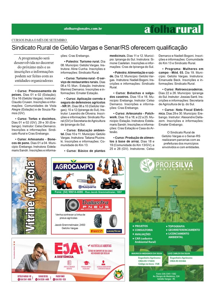A  Folha Rural - Vitrine Agrícola /   Cursos Para o Mês de Setembro