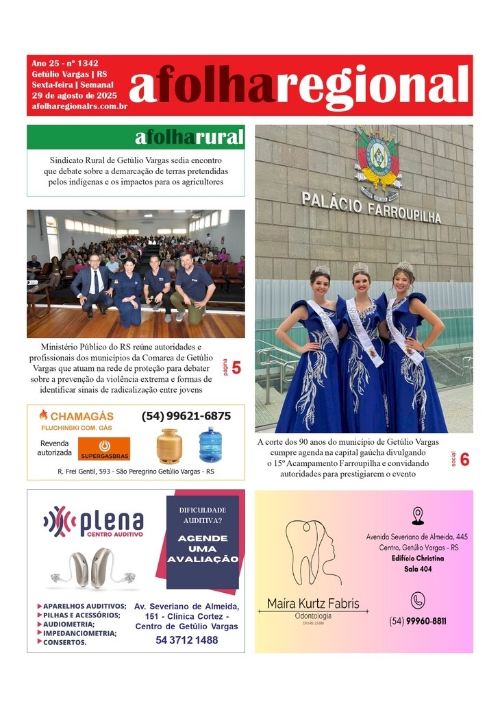 A FOLHA REGIONAL. Ano 25, nº 1.342. Getúlio Vargas RS, 29 de agosto de 2025.