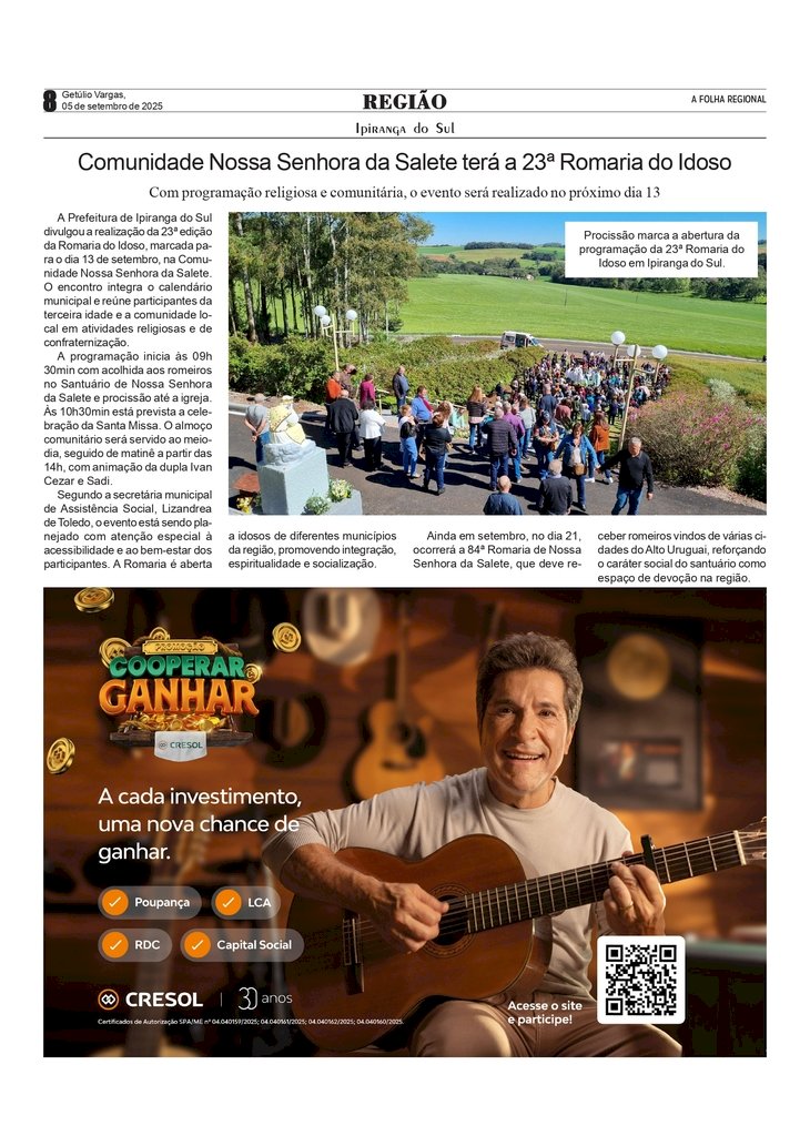 Comunidade Nossa Senhora da Salete terá a 23ª Romaria do Idoso em Ipiranga do Sul