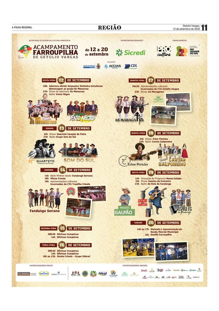 Programação do 15º Acampamento Farroupilha de Getúlio Vargas.