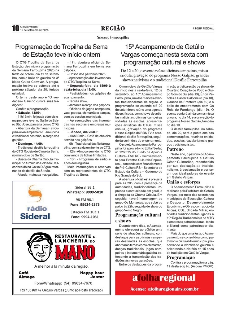15º Acampamento de Getúlio Vargas começa nesta sexta com programação cultural e shows da Semana Farroupilha. / Programação do Tropilha da Serra de Estação teve início ontem.