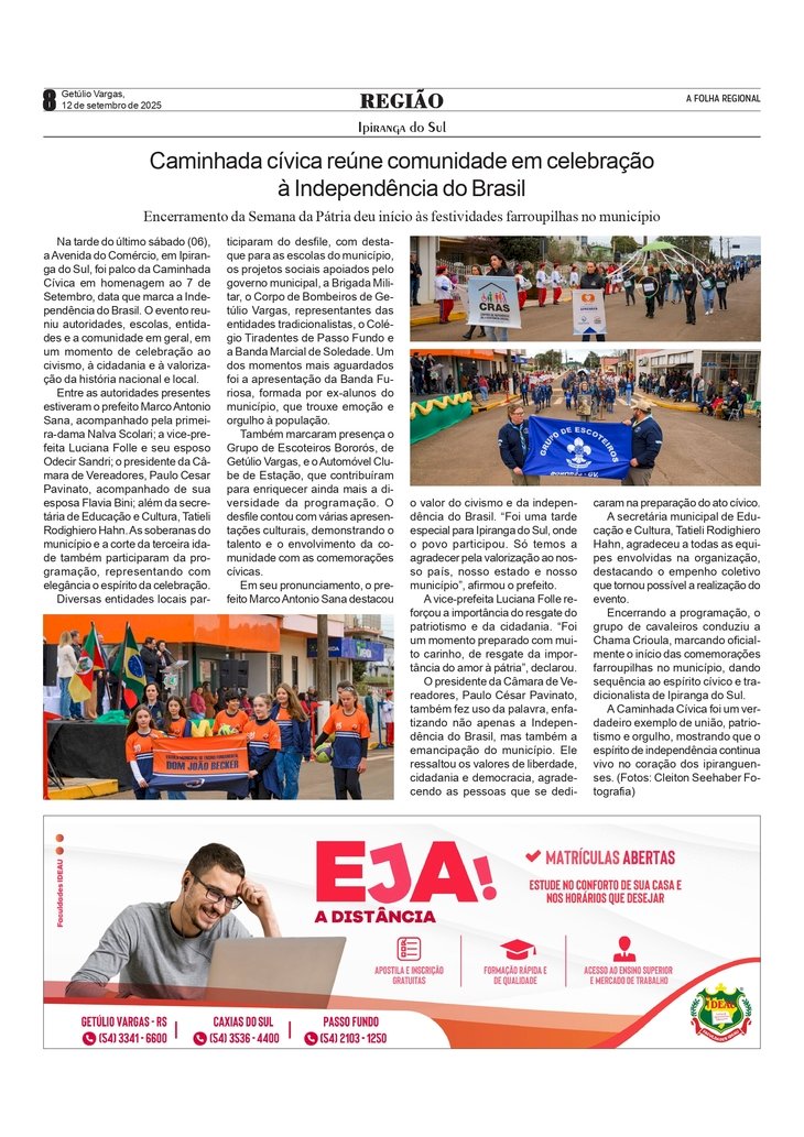 Caminhada cívica reúne comunidade em celebração à Independência do Brasil em Ipiranga do Sul