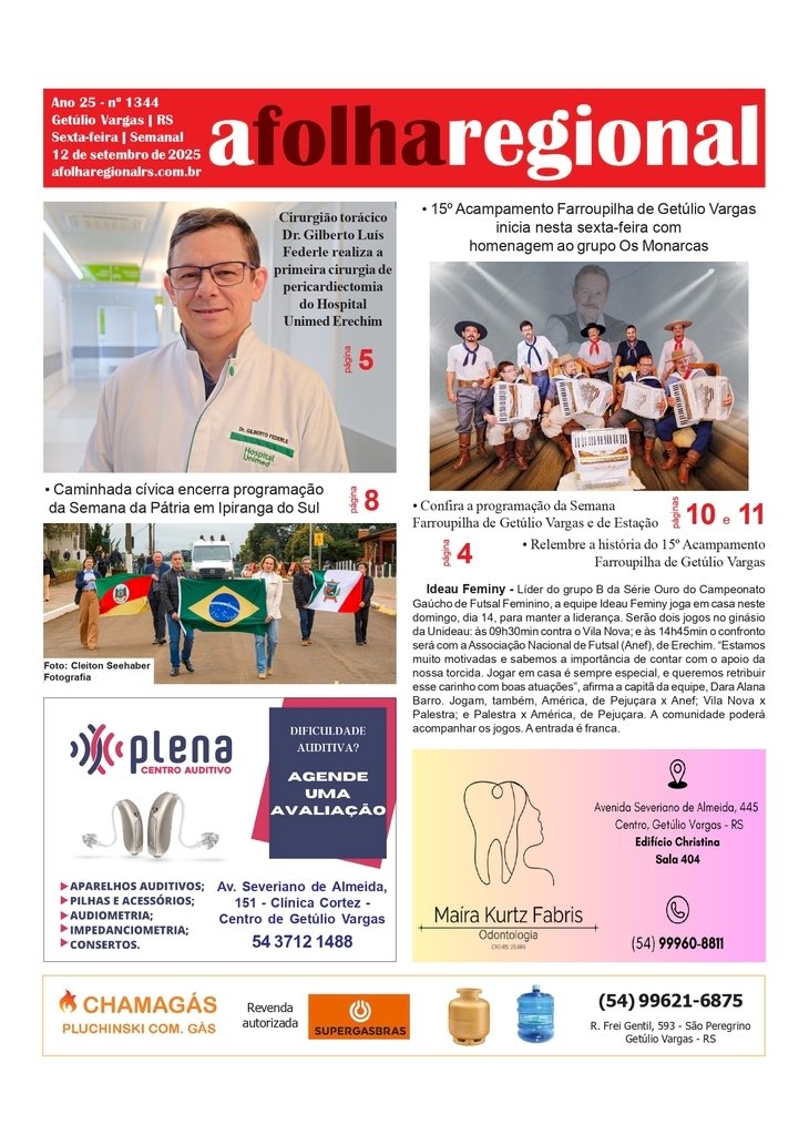 A FOLHA REGIONAL. Ano 25, nº 1.344. Getúlio Vargas RS, 12 de setembro de 2025.