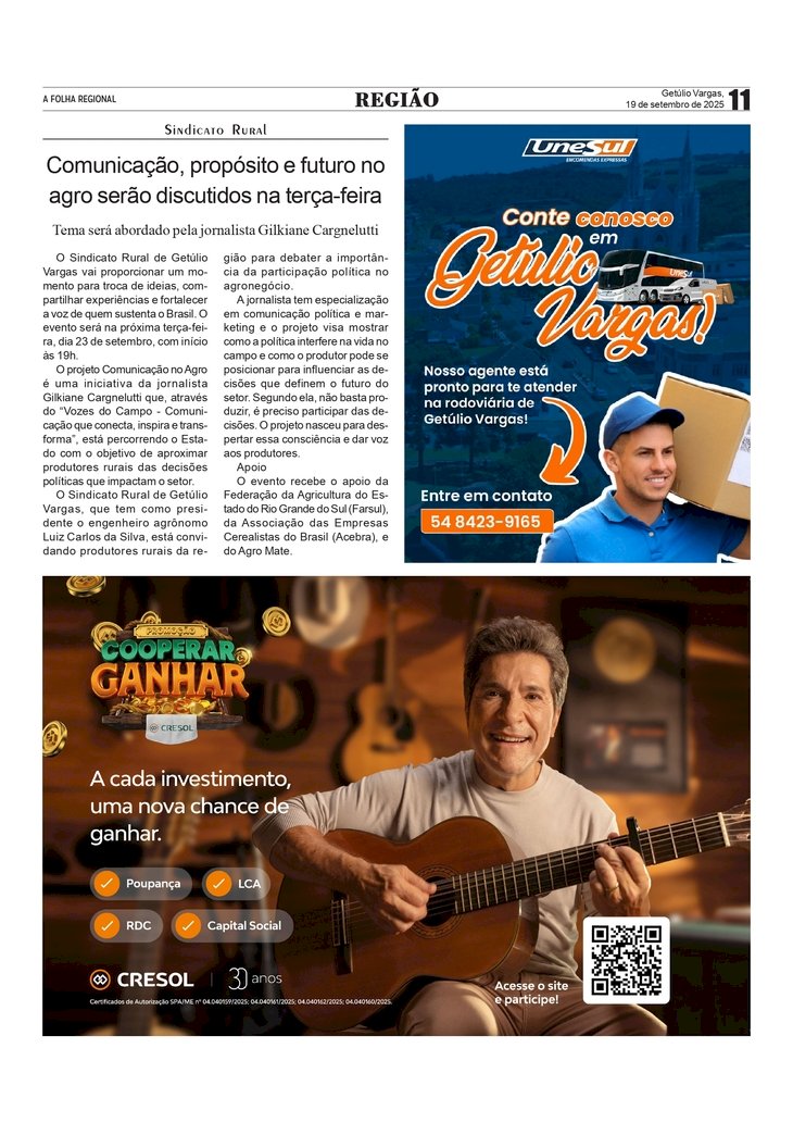 Comunicação, propósito e futuro no agro serão discutidos na terça-feira no auditório do Sindicato Rural de Getúlio Vargas