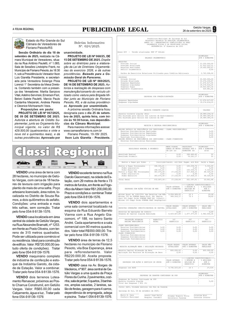 Boletim da Câmara Municipal de Floriano Peixoto / Relatório do município de Ipiranga do Sul