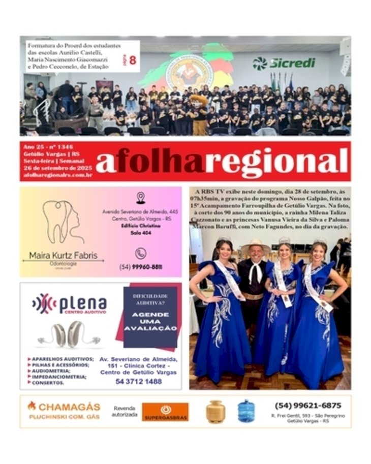 A FOLHA REGIONAL. Ano 25, nº 1.346. Getúlio Vargas RS, 26 de setembro de 2025.
