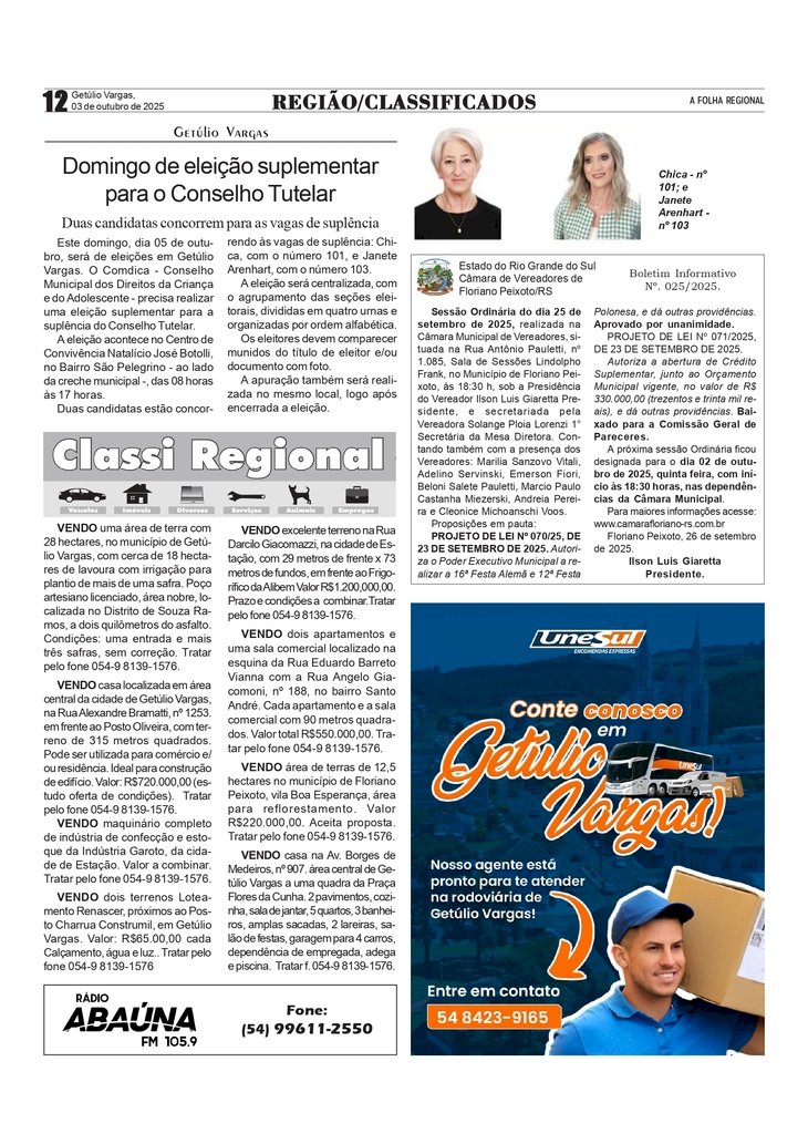 Domingo de eleição suplementar para o Conselho Tutelar de Getúlio Vargas / Classificados / Câmara Municipal de Floriano Peixoto