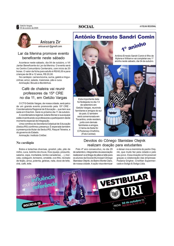 Página Social, por Anissara Zir. Edição de 03/10/2025