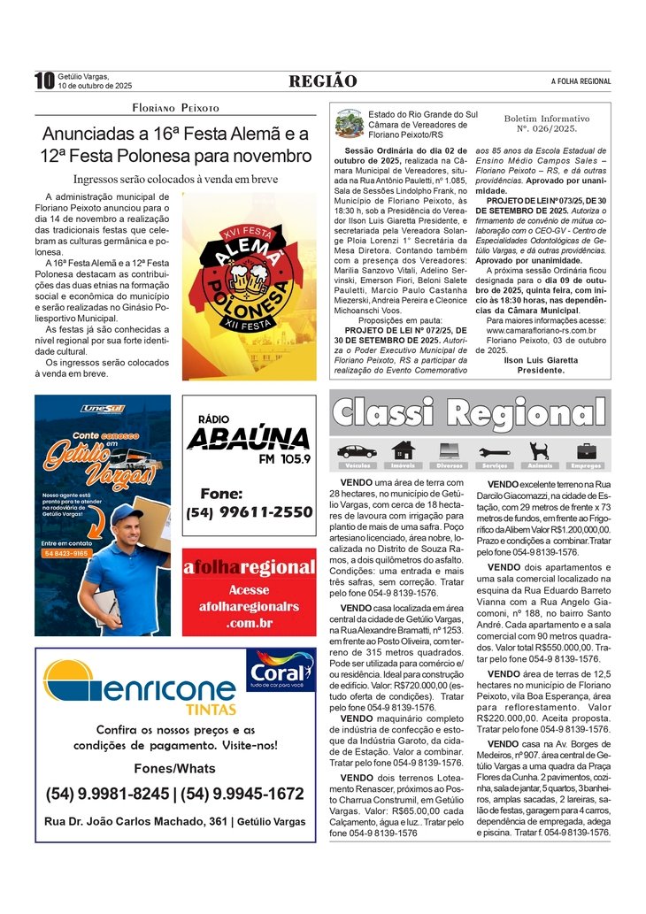 Anunciadas a 16ª Festa Alemã e a 12ª Festa Polonesa de Floriano Peixoto para novembro / Boletim da Câmara de Vereadores / Classificados