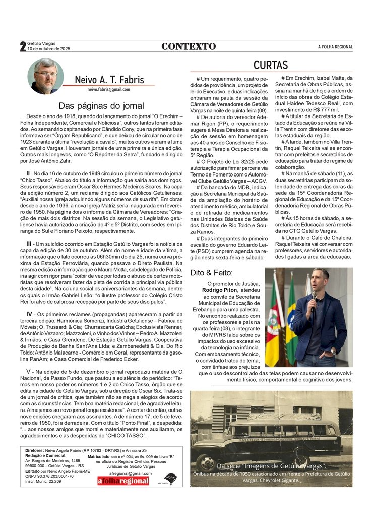 Das páginas do jornal, por Neivo A T Fabris. Coluna da edição de 10/10/2025.