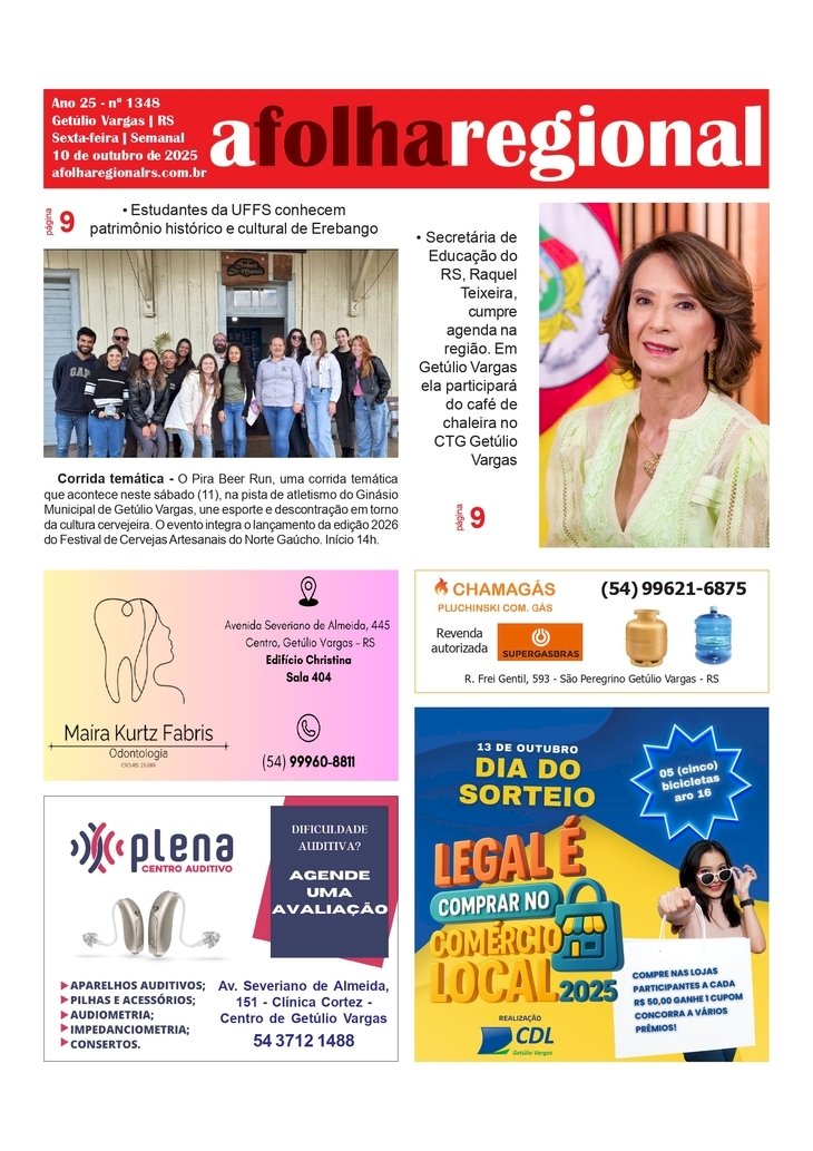 A FOLHA REGIONAL. ANO 25, Nº 1.348. Getúlio Vargas RS, 10 de outubro de 2025.