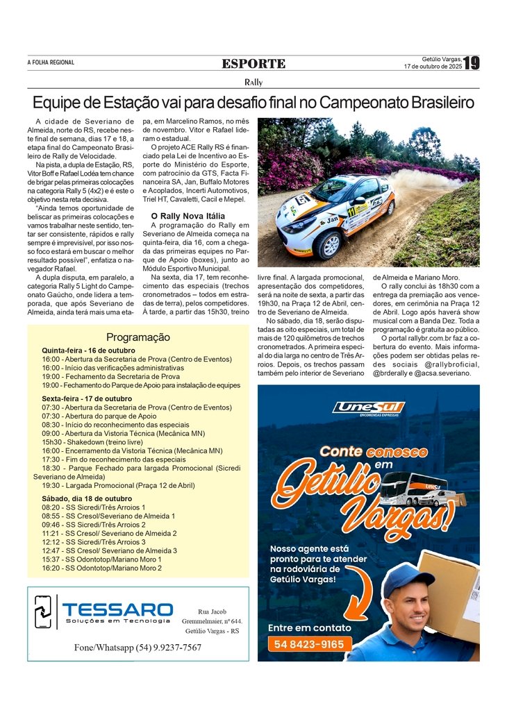 Equipe de Estação vai para desafio final no Campeonato Brasileiro do Rally de Velocidade