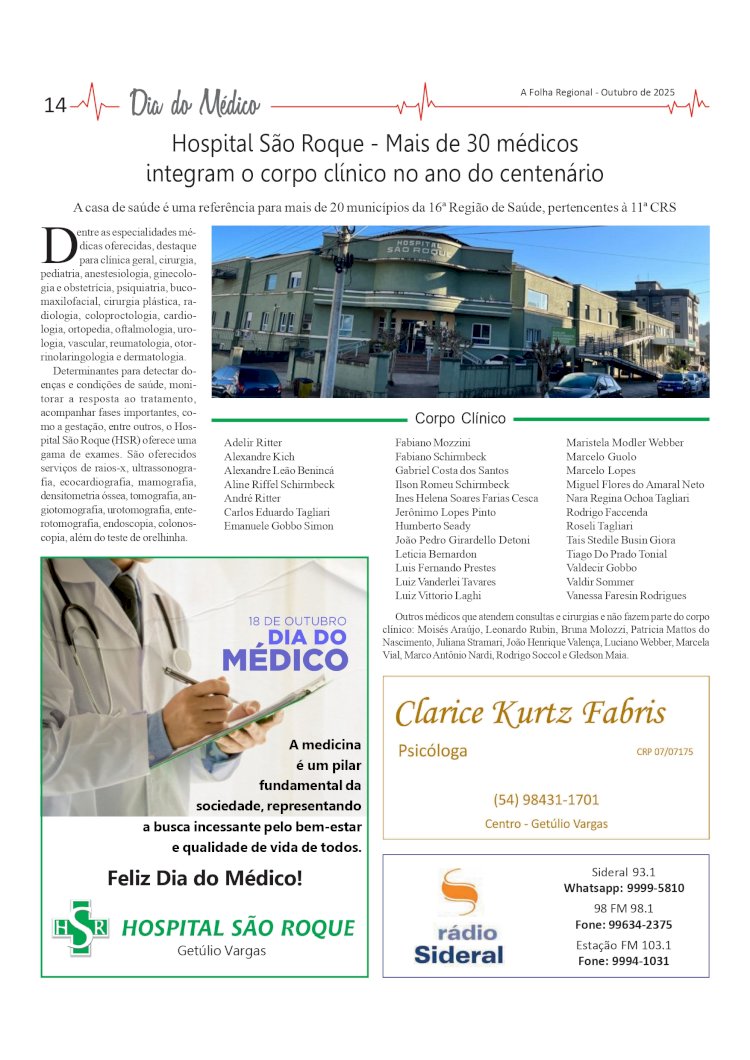 Hospital São Roque - Mais de 30 médicos integram o corpo clínico no ano do centenário