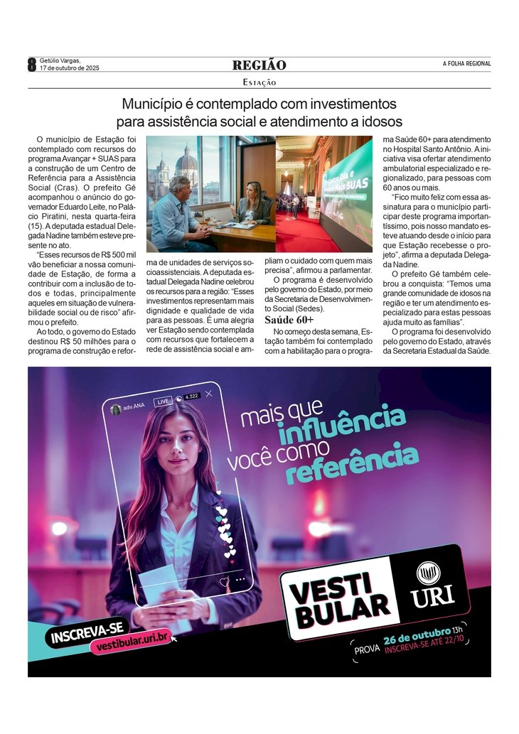 Município de Estação é contemplado com investimentos para assistência social e atendimento a idosos