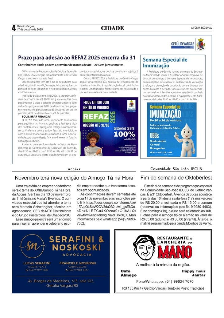 Prazo para adesão ao REFAZ 2025  /  Semana Especial de Imunização / Almoço Tá na Hora / Oktoberfest na Comunidade IECLB