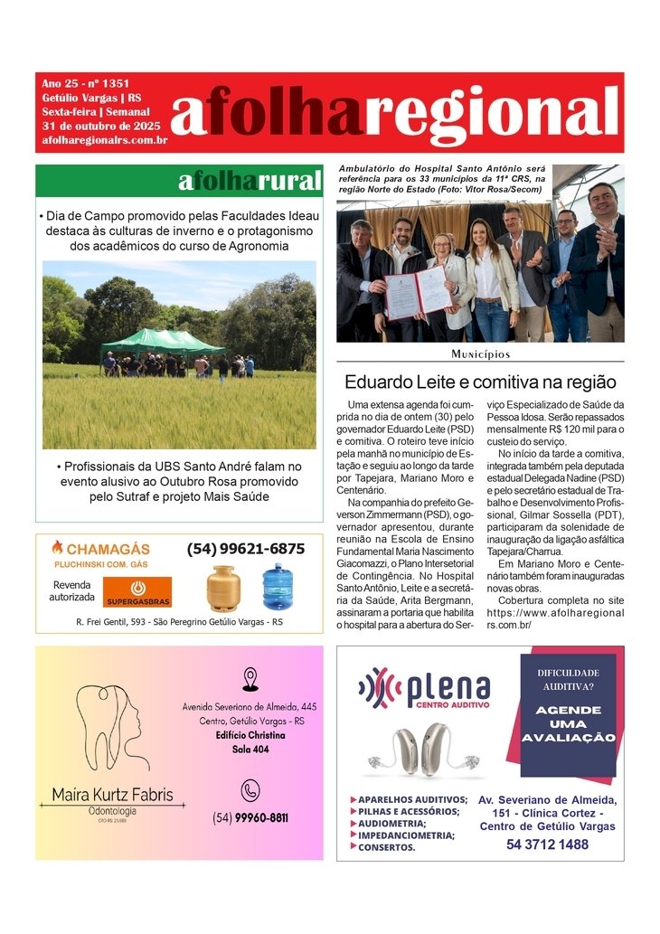 A FOLHA REGIONAL. ANO 25, Nº 1.342. Getúlio Vargas RS, 31 de outubro de 2025
