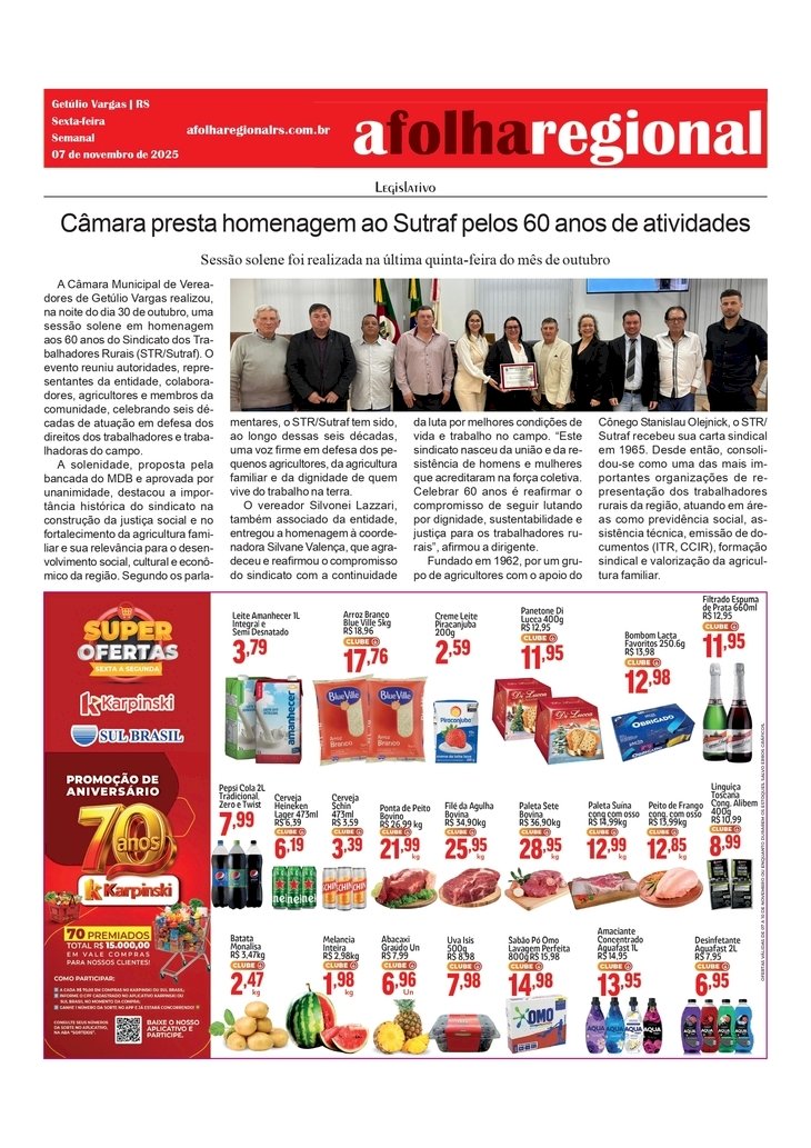 Câmara presta homenagem ao Sutraf pelos 60 anos de atividades