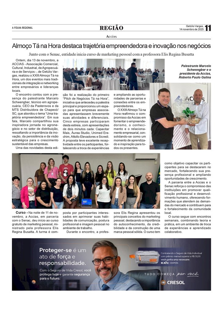 Almoço Tá na Hora da ACCIAS destaca trajetória empreendedora e inovação nos negócios