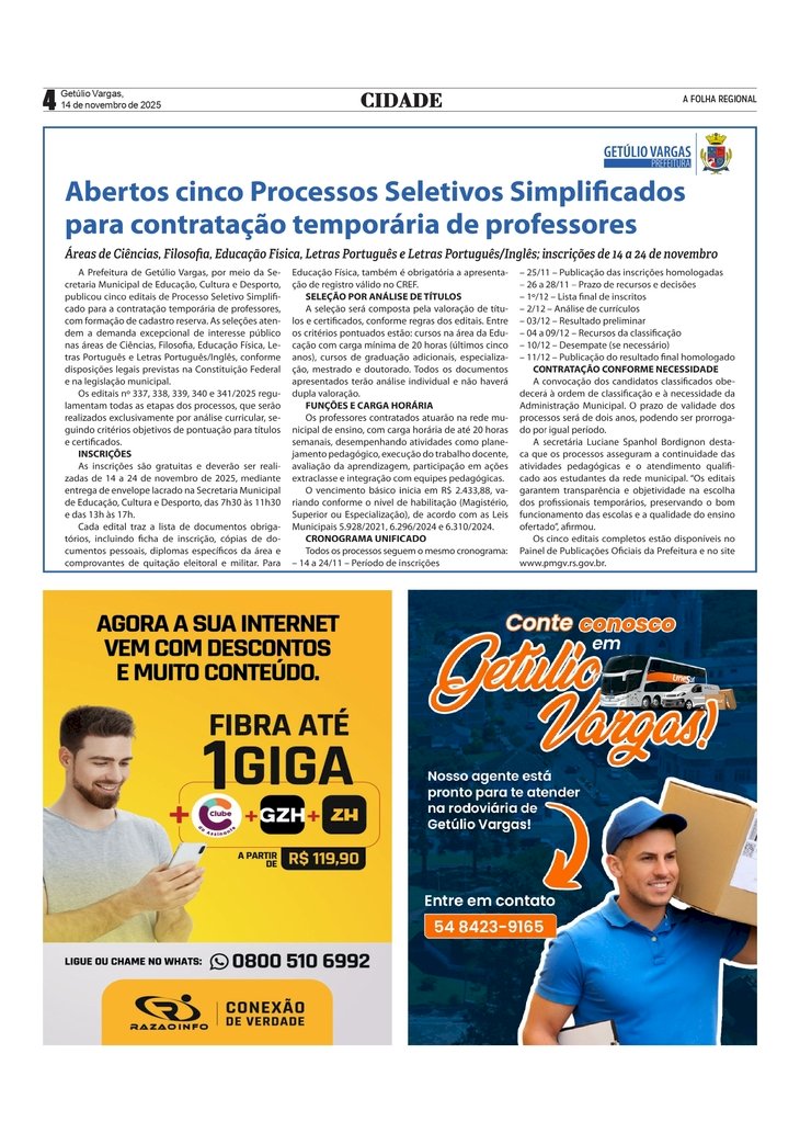 Prefeitura de Getúlio Vargas abre cinco Processos Seletivos Simplificados para contratação temporária de professores