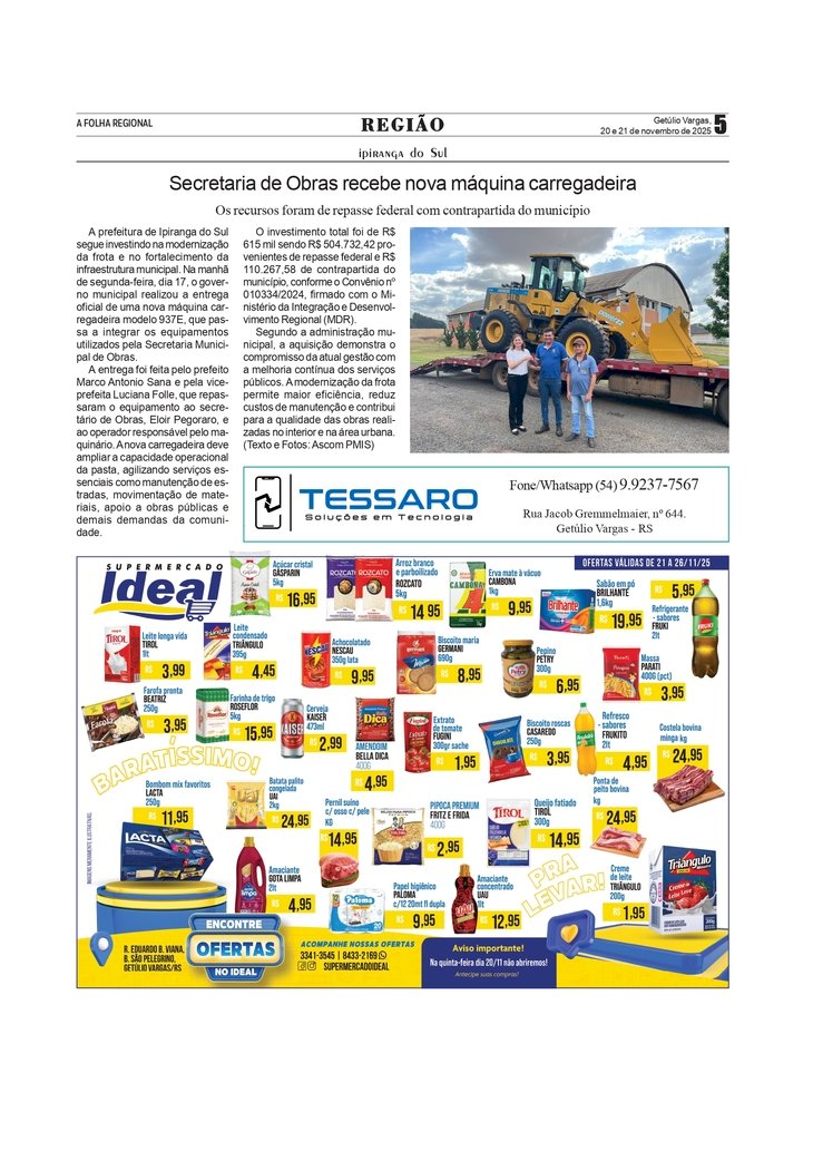 Secretaria de Obras de Ipiranga do Sul recebe nova máquina carregadeira