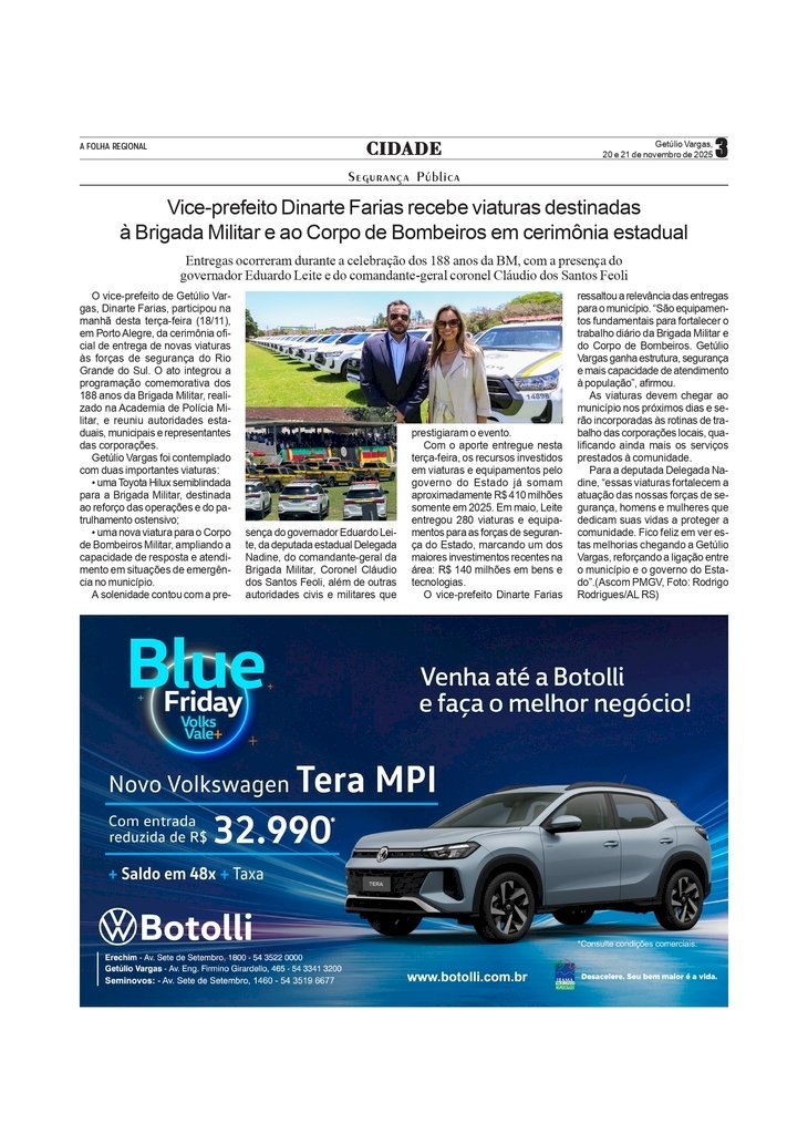 Vice-prefeito Dinarte Farias recebe viaturas destinadas à Brigada Militar e ao Corpo de Bombeiros em cerimônia estadual